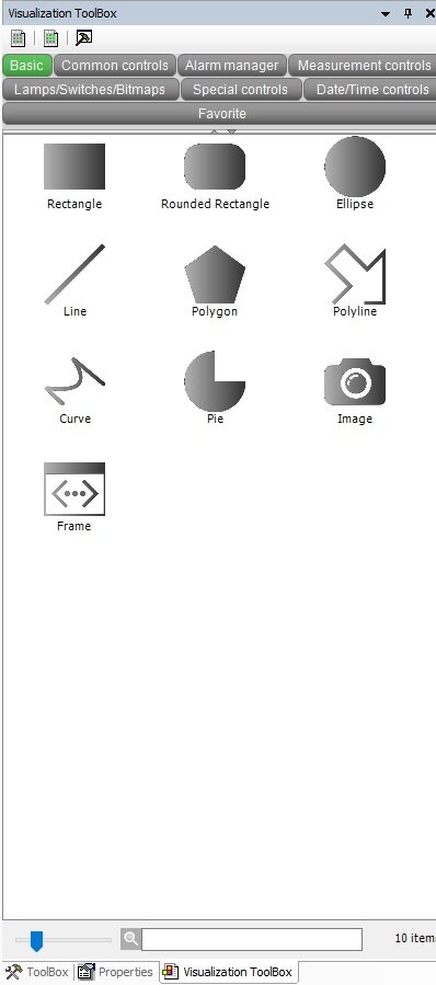 Toolbox wizualizacji w oprogramowaniu Codesys, źródło: ASTOR
