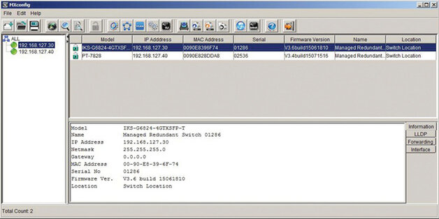Zrzut ekranu z aplikacji MxConfig umożliwiającej m.in. przeprowadzenie konfiguracji na wielu urządzeniach ethernetowych jednocześnie (tzw. konfiguracja grupowa)