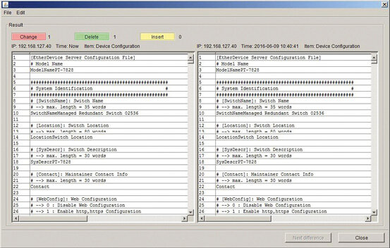 Zrzut ekranu z programu N-Snap – podgląd konfiguracji urządzenia (tu: obecnej i wykonanej dzień wcześniej)