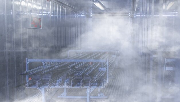 W kontenerach chłodniczych firma igus przeprowadza ciągłe badania przewodów zainstalowanych w e-prowadnikach. Testy te odbywają w realistycznych warunkach przy temperaturach od -40°C do +60°C. (Źródło: igus GmbH).