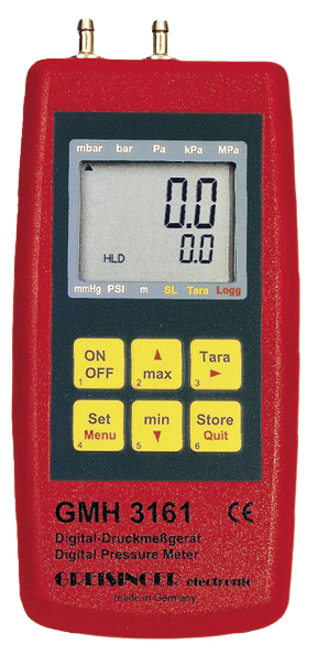 Greisinger GMH 3161 to przenośny manometr dla służb utrzymania ruchu z króćcami podłączeniowymi pozwalający mierzyć ciśnienie do 0.350 bar