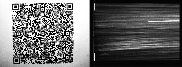 Rys. 1. Przykłady analiz z „pełnym” wykorzystaniem sensora. Po lewej: obraz czytnika kodu 2D (wykorzystane 66% sensora), po prawej: skan z kamery liniowej (detekcja pudru na tafli szklanej, wykorzystane 86% sensora)