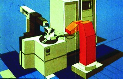 Rys. 4b. Robot firmy Tesa w zastosowaniu produkcyjnym - robot jednowysięgnikowy z manipulatorem podającym przedmiot do mierzenia na obrotowy stół pomiarowy