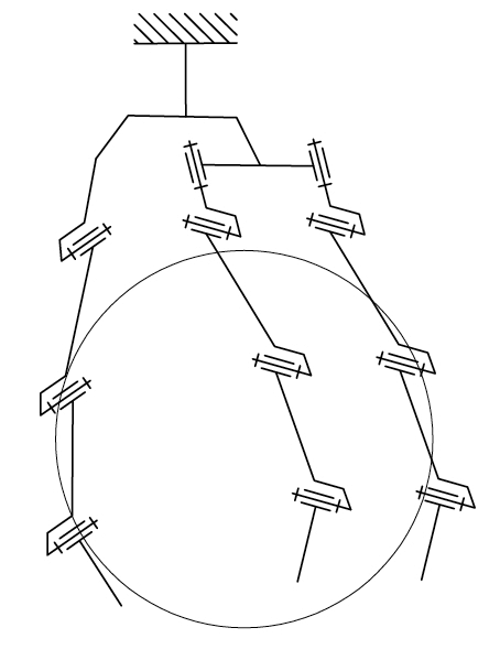 Rys. 5a. Koncepcja chwytania wielopalczastego − schemat kinematyczny chwytaka [General concept of multifingered gripper − kinematic diagram of the gripper]