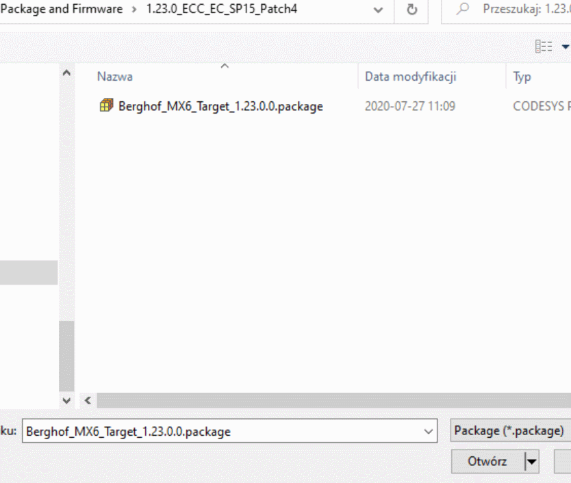 Wybór targetu do środowiska Codesys, źródło: ASTOR