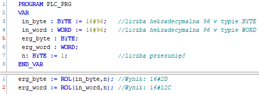 Przykładowe użycie funkcji ROL