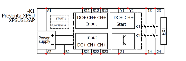 Schemat przekaźnika XPSUS12AP, źródło: Schneider Electric