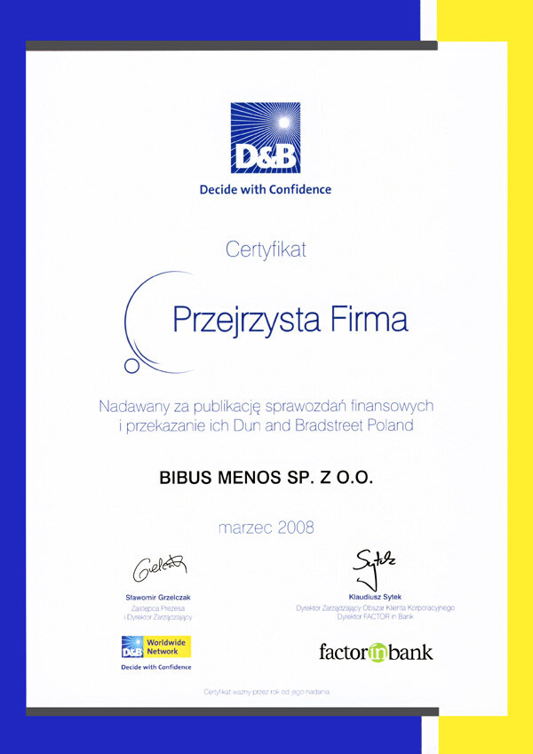 Certyfikat "Przejrzysta Firma" Dun and Bradstreet Poland 2008