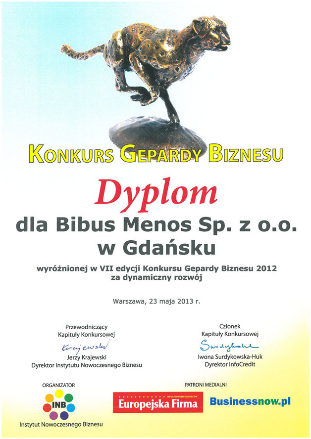 Wyróżnienie  „Gepardy Biznesu 2012”