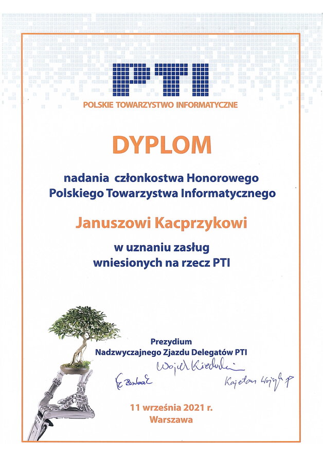 Dyplom Polskiego Towarzystwa Informatycznego PTI dla profesora Janusza Kacprzyka