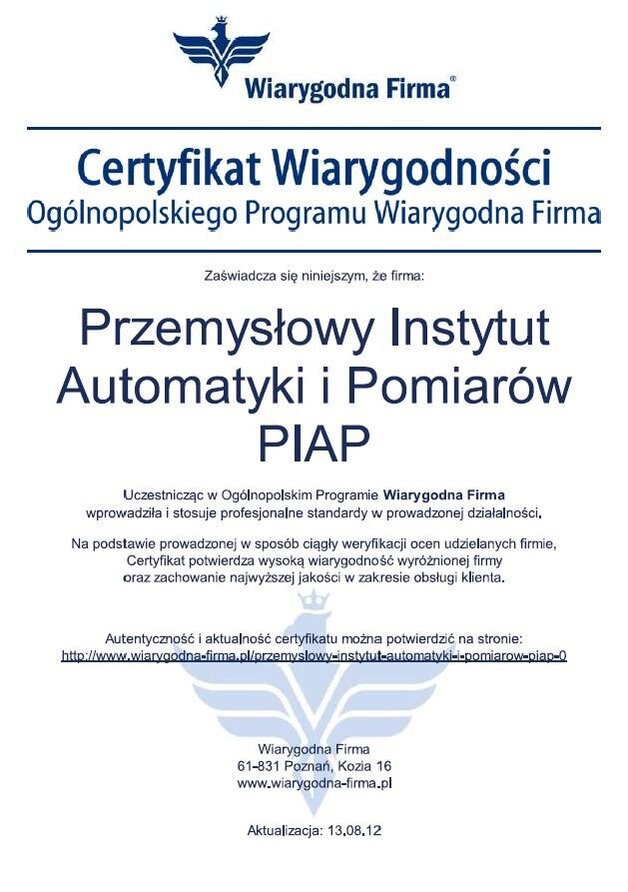 2012 Certyfikat Wiarygodności Ogólnopolskiego Programu Wiarygodna Firma