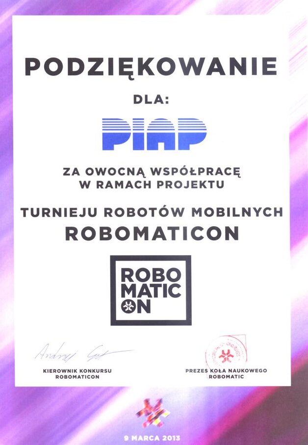 2013 Podziękowanie za współpracę ROBOMATICON