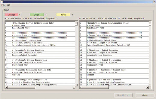 Zrzut ekranu z programu N-Snap – podgląd konfiguracji urządzenia (obecnej i wykonanej dzień wcześniej)