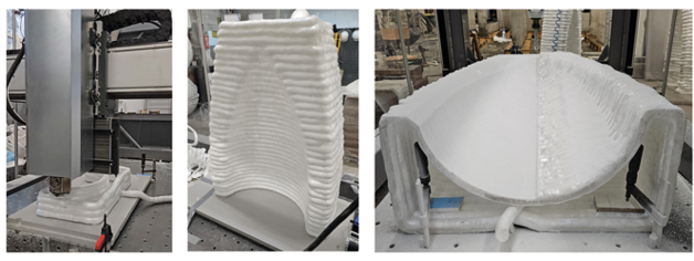 Od lewej: druk z tworzyw spienionych, wydrukowany obiekt, detal podczas postprocessingu – frezowanie