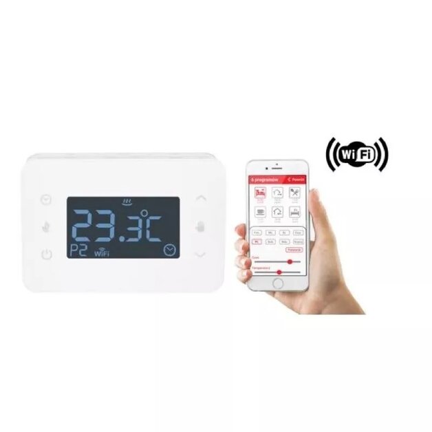Fot. Nowoczesny, programowalny termostat pokojowy z wyświetlaczem i możliwością sterowania temperaturą poprzez Wi-Fi i aplikację na smartfon