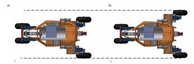 Rys. 2. Robot z rozsuniętymi kołami. Wysunięcie zawieszenia koła lewego (a) oraz obu kół tylnych (b)