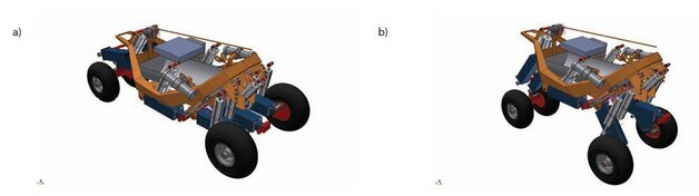 Rys. 3. Robot w pozycji początkowej – płaskiej (a), robot w pozycji maksymalnie podniesionej (b) 