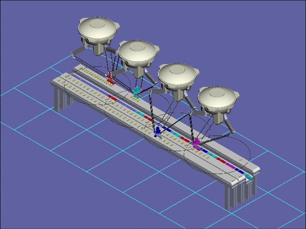Schemat współpracy kilku robotów w jednej aplikacji przenoszenia produktów