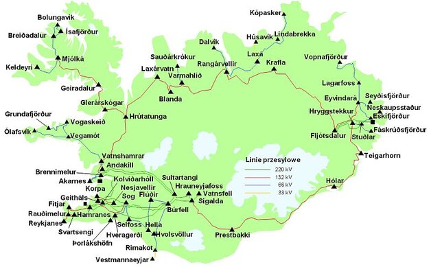 Rys. 13. Sieć przesyłowa na Islandii (źródło: Landsnets, 2010) [Icelandic transmission grid]