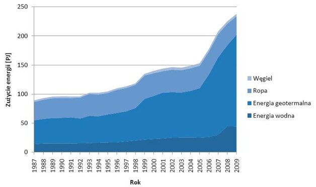 Rys. 4. Zużycie energii wg nośników w latach 1987–2009 [Energy consumption by source 1987–2009]