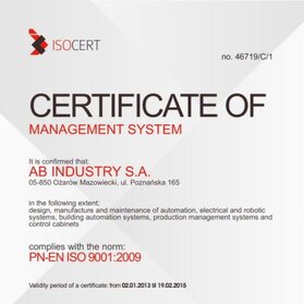 Certyfikat ISO 9001 na rok 2014; źródło: AB Industry